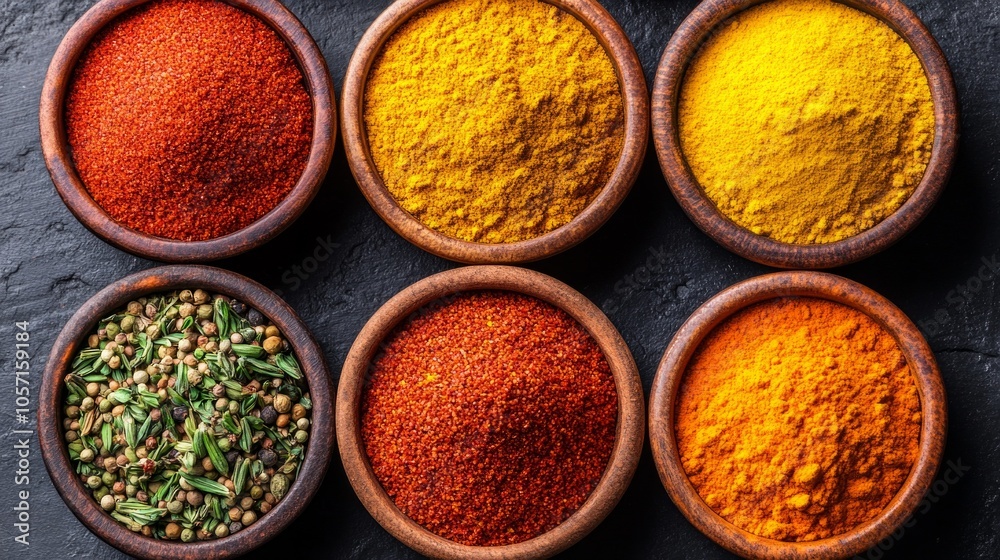 A bowl of red pepper flakes sits next to a bowl of yellow pepper flakes A bowl of red pepper flakes sits next to a bowl of yellow pepper flakes