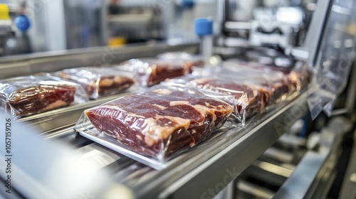 Close-up of sealed processed meats in a factory, showcasing a sleek packaging machine with glimmering metallic surfaces.