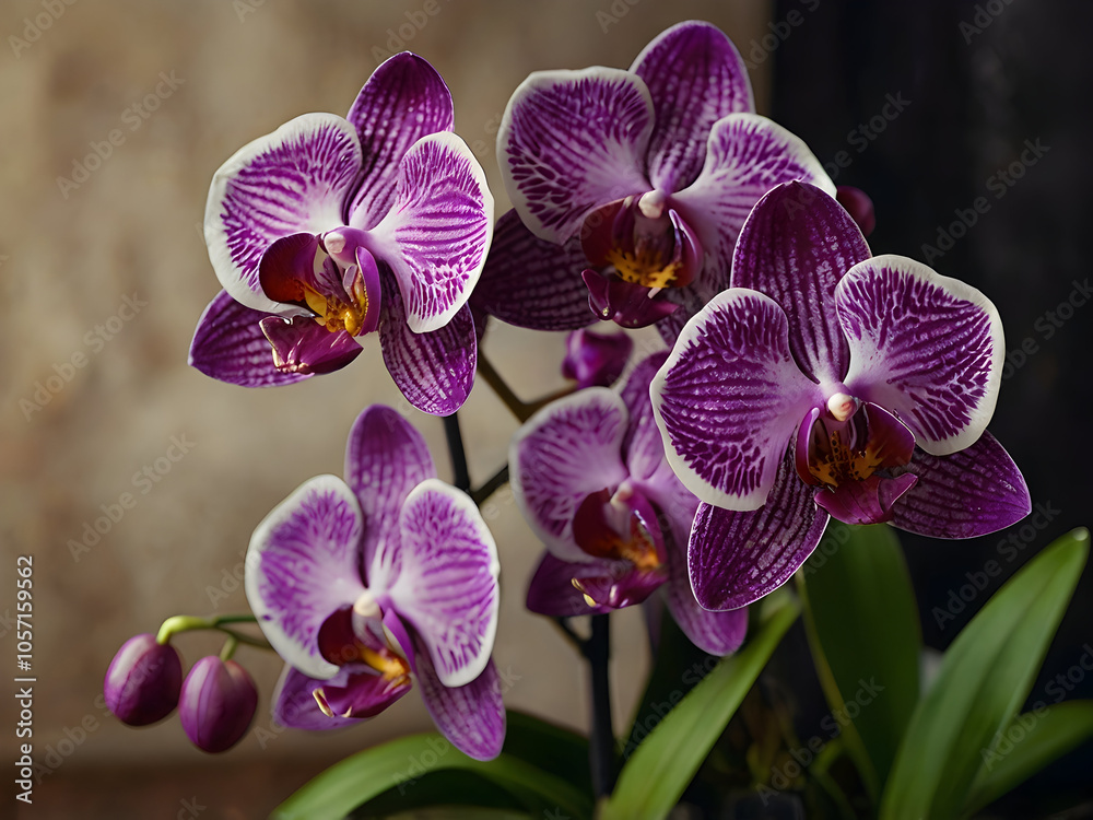 Vibrant purple orchids resting in the corner of the image, their rich color popping against a soft, blurry backdrop. Vibrant purple orchids resting in the corner of the image, their rich color popping against a soft, blurry backdrop.