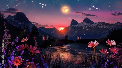 Mountain Landscape with Butterflies and Moon