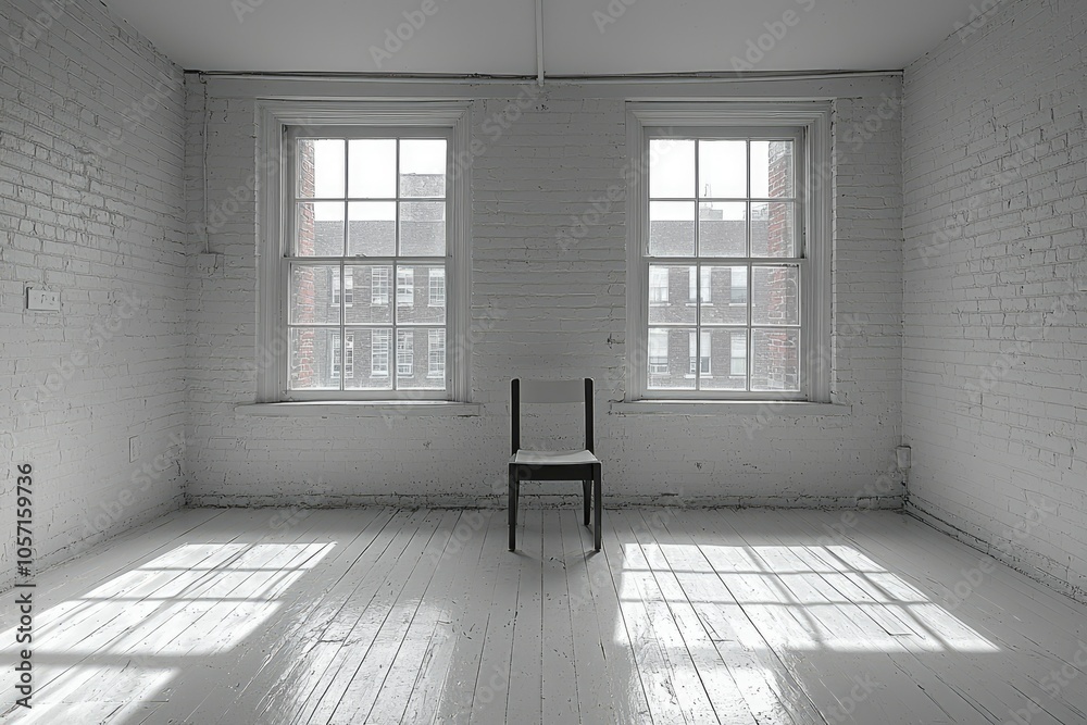 A Single Chair In A White Room With Two Windows A Single Chair In A White Room With Two Windows