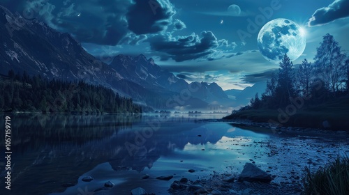 Serene Night Landscape with Full Moon and Mountain Reflections