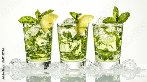 Three glasses of green drinks with ice and lemon slices