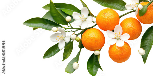 Neroli twig. Citrus aurantium branch, blossom and fruits, Bitter orange tree with flowers on transparent cutout background, PNG file. Mockup clipart template