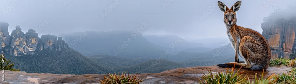 Fototapeta premium A kangaroo is sitting on a rocky hillside in front of a mountain range