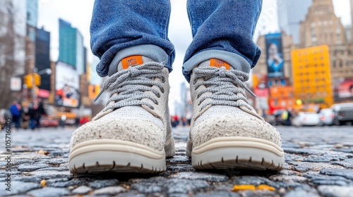 Close up of Casual Sneakers on Cobblestone Street in City Setting