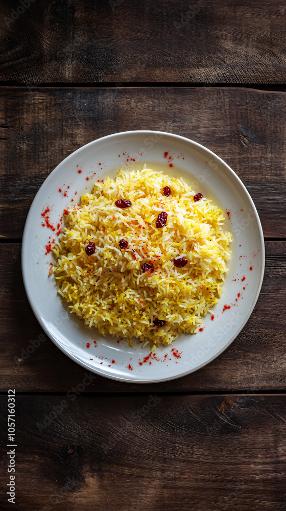Saffron rice presented on a white plate atop a rustic wooden table, adorned with red pepper flakes and cranberries Saffron rice presented on a white plate atop a rustic wooden table, adorned with red pepper flakes and cranberries