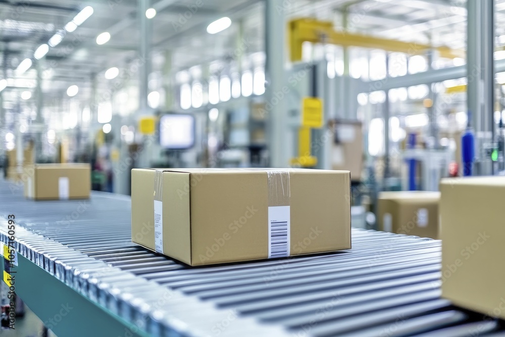 Optimized packaging process in a factory, focus on performance and sustainability, bright and clean layout Optimized packaging process in a factory, focus on performance and sustainability, bright and clean layout