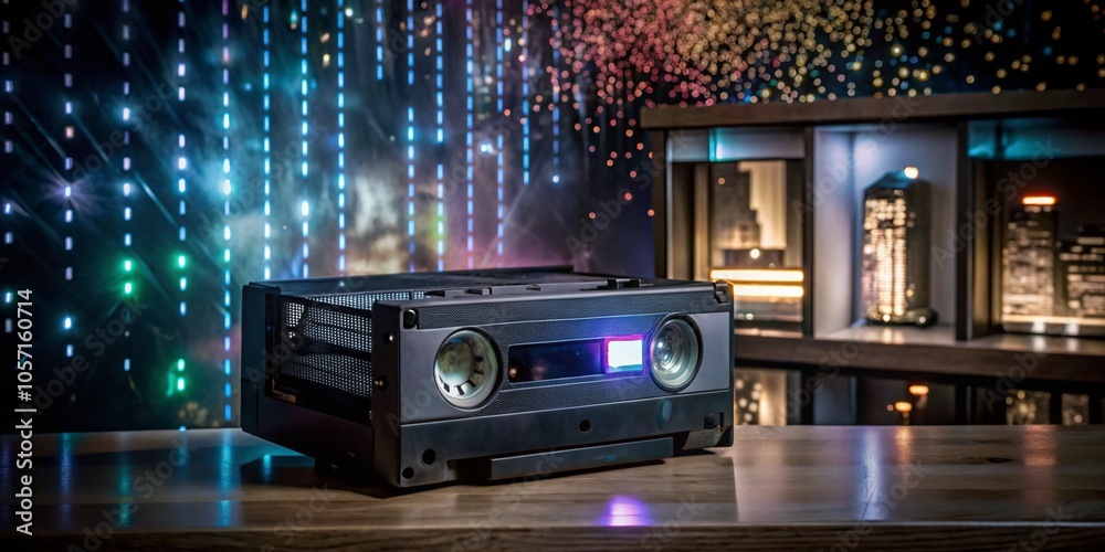 Retro VHS Player in Urban Exploration with Futuristic Lighting and Sound Effects Retro VHS Player in Urban Exploration with Futuristic Lighting and Sound Effects