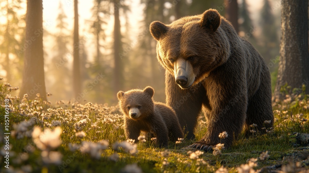 A mother bear and her cub are walking through a field of flowers A mother bear and her cub are walking through a field of flowers