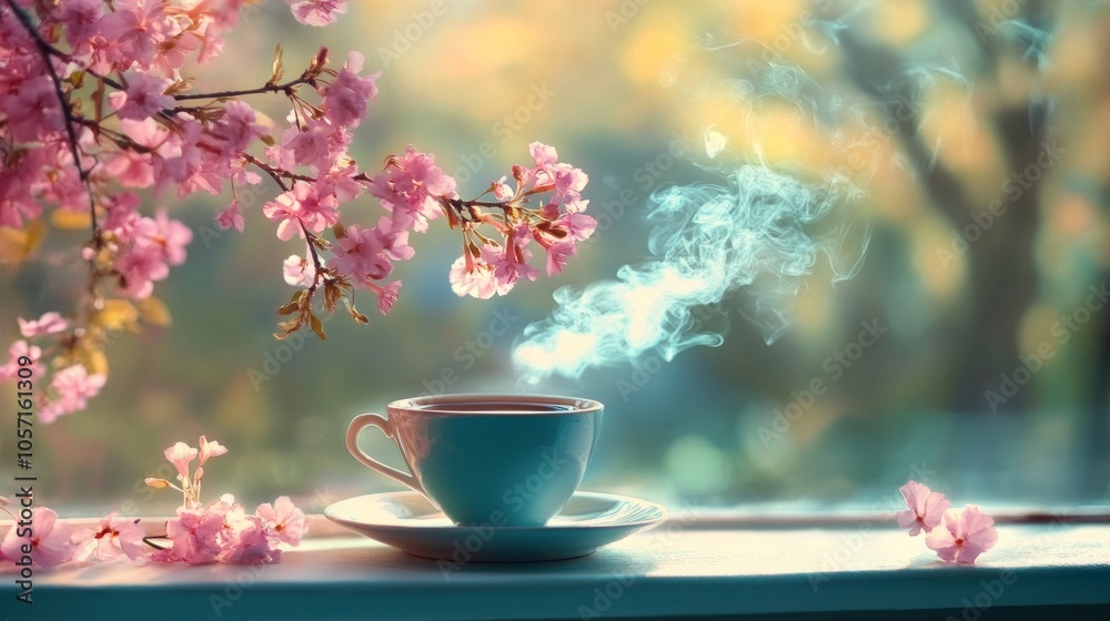 A cup of coffee is sitting on a saucer on a windowsill A cup of coffee is sitting on a saucer on a windowsill