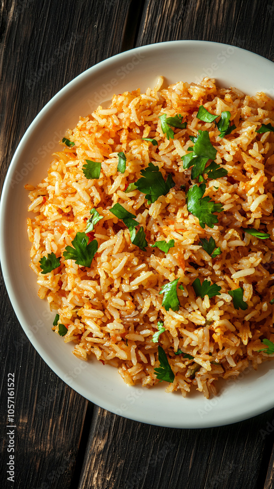 Red mexican rice with cilantro garnish served on a wooden table in a white plate Red mexican rice with cilantro garnish served on a wooden table in a white plate