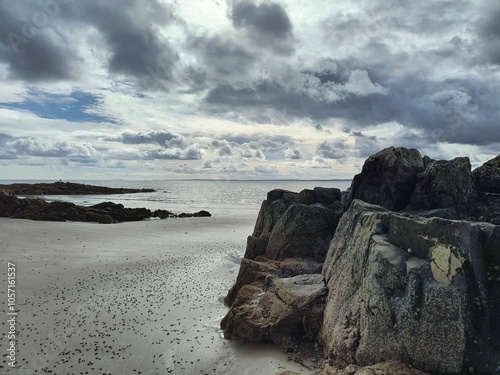 Irlandzka plaża z kamieniami nad oceanem w pochmurny dzień
