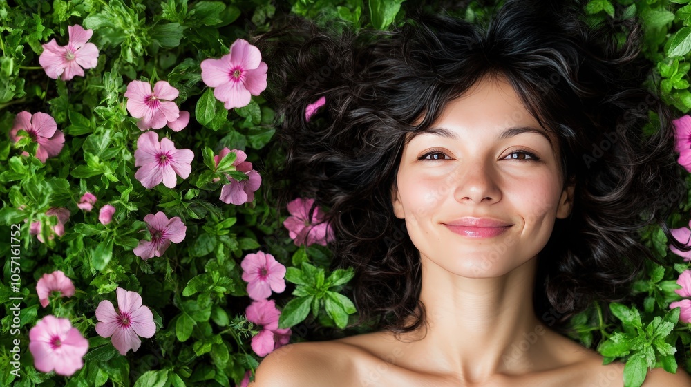 Naklejka premium Woman Smiling in Pink Flowers Green Grass Nature Happiness Beauty Relaxation Summe