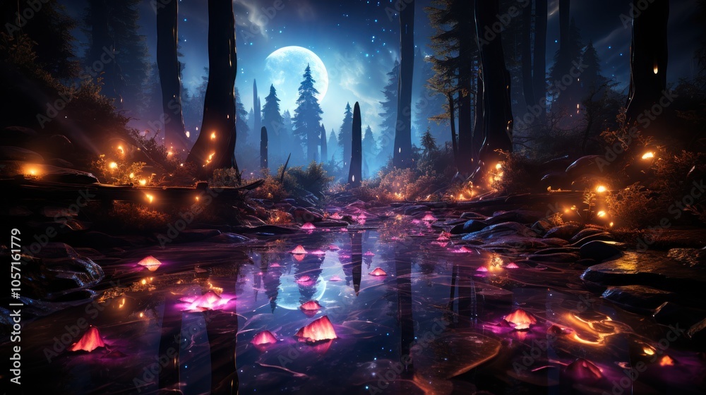A serene nighttime forest scene with glowing flowers and a reflective pond under a full moon. A serene nighttime forest scene with glowing flowers and a reflective pond under a full moon.