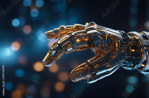 Symbolic Human-Technology Connection – Close-Up of Human and Robotic Fingers Touching, Featuring Soft Skin, Sleek Metal, and a Fusion Spark Against a Futuristic Blurred Background