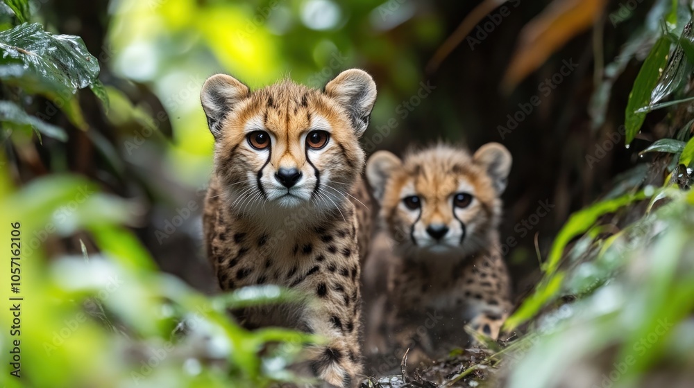 Two young cheetahs walking through a lush, green environment. Two young cheetahs walking through a lush, green environment.