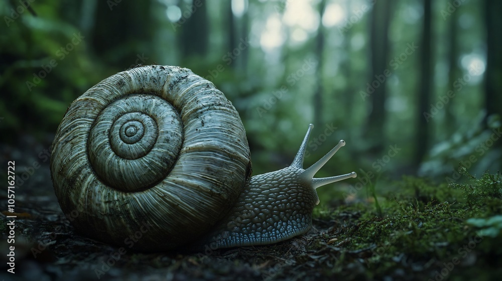 A snail crawls through the forest floor, its shell a spiral of muted colors against the green backdrop of the trees. A snail crawls through the forest floor, its shell a spiral of muted colors against the green backdrop of the trees.