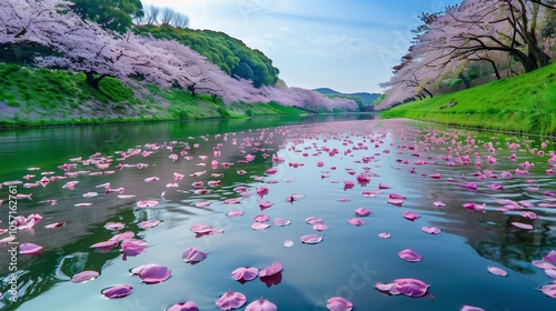 : A serene scene with cherry blossom petals floating on the surface of a river, while pink violets bloom along the green banks, adding to the tranquility of Chidorigafuchi.
