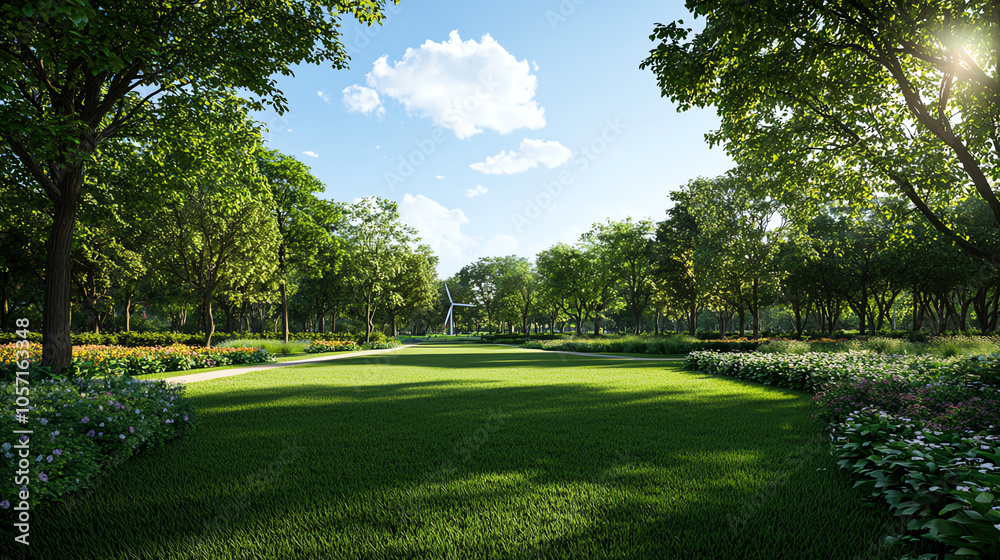 Fototapeta premium Green urban park with nearby electric turbines, visualizing sustainability in community-centered infrastructure