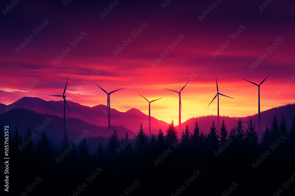 Wind turbines rising above a forest at sunrise, illustrating sustainable infrastructure blending with ecosystems Wind turbines rising above a forest at sunrise, illustrating sustainable infrastructure blending with ecosystems