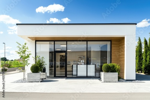 A beauty clinic exterior with a modern facade, clear signage, and inviting entrance. Ideal for commercial use with blank space