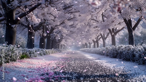 : A tranquil path lined with cherry blossom trees in full bloom, their petals falling like snowflakes, while the ground is speckled with pink violets adding a delicate touch.