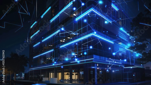 Modern Office Building at Night with Futuristic Network Lights