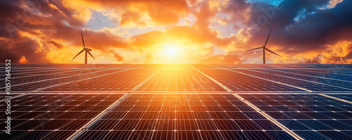 Electric turbines surrounding a solar field, a unified sustainable infrastructure scene of wind and solar energy photo