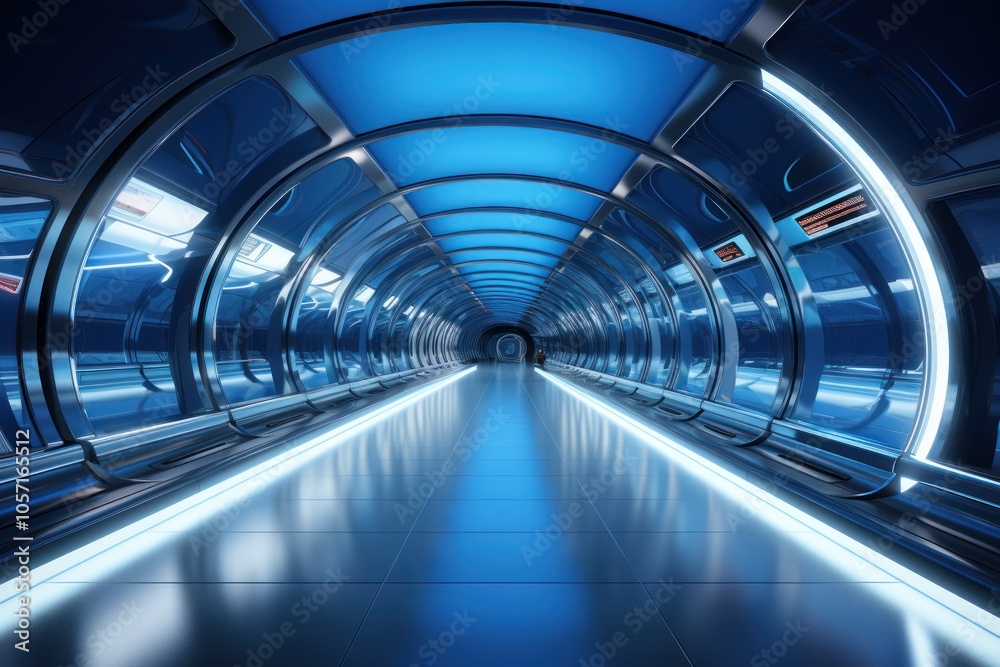 Fototapeta premium A futuristic tunnel with blue lighting and sleek design, suggesting a high-tech environment.