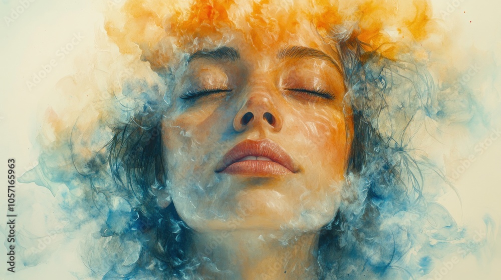 A serene portrait of a woman surrounded by colorful clouds.