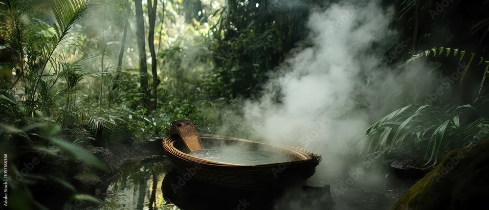 A serene jungle scene features a boat surrounded by lush greenery and mist, creating a mystical atmosphere.