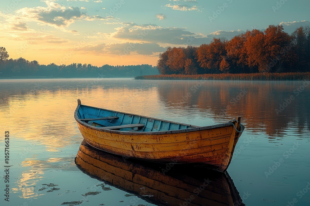 A Single Wooden Boat Docked on a Calm Lake at Dawn A Single Wooden Boat Docked on a Calm Lake at Dawn