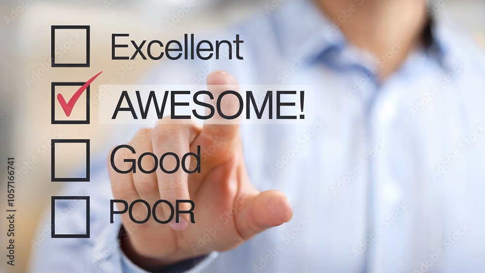 Hand selects 'Awesome' from a rating scale. Hand selects 'Awesome' from a rating scale.
