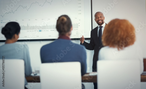 Presenter, people and presentation in office for finance, annual report and pitch for investment opportunity. Man speaker, investors and graph on screen for growth projection, timeline and profit