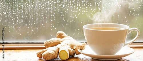 A steaming cup of ginger tea sits on a table, accompanied by fresh ginger root, with raindrops visible on the window behind. photo