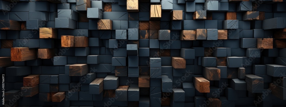 A textured wall made of dark and light wooden cubes arranged in an abstract pattern. A textured wall made of dark and light wooden cubes arranged in an abstract pattern.