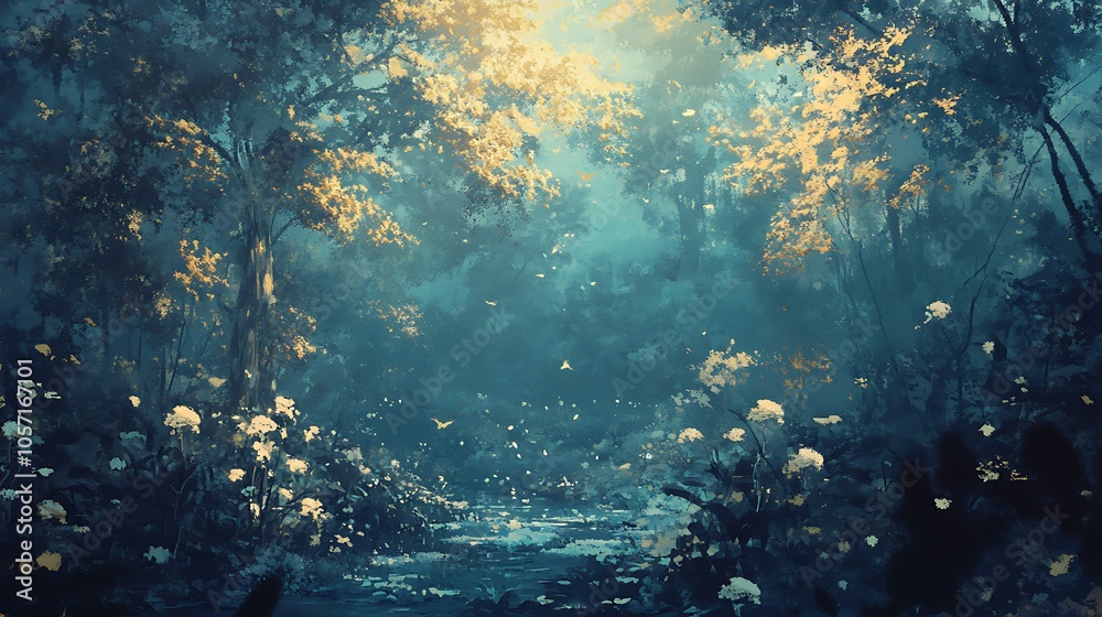 A serene forest scene with soft lighting, lush greenery, and flowers, creating a tranquil atmosphere.