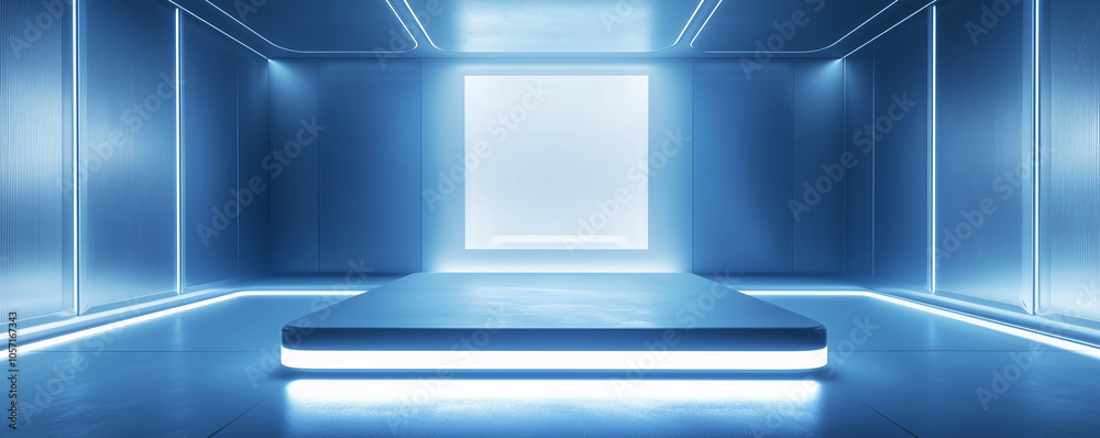 Modern minimalist futuristic architectural space featuring a sleek square platform designed for advertising. The innovative design emphasizes clean lines, open space, Modern minimalist futuristic architectural space featuring a sleek square platform designed for advertising. The innovative design emphasizes clean lines, open space,