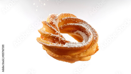 Sugar coated funnel cake floating or flying isolated white background