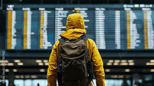 Traveler with backpack facing departure board in airport..