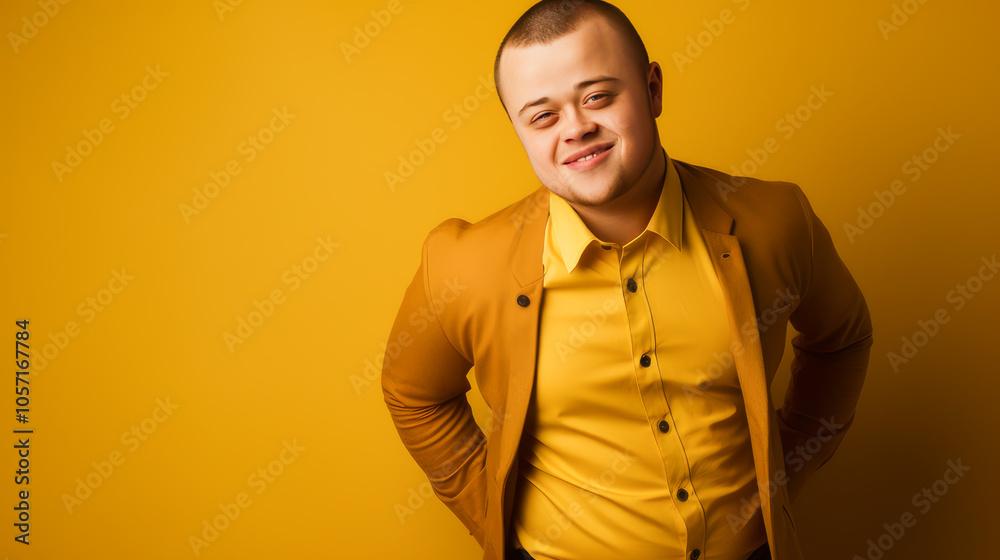 Fototapeta premium Portrait of smiling laughing teenager boy with Down syndrome orange background.