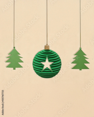 Christmas card with hanging decorations/baubles in cardboard style | Useful for minimalist christmas prints, greeting cards and invites