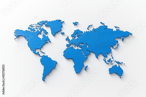 A blue world map silhouette on a white background, emphasizing global geography. #1057168131