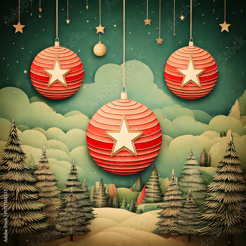 Christmas Baubles hanging in the sky over a winter wonderland snow landscape with trees and stars in the background. Useful for Christmas cards, prints, invites and illustrations
