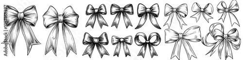 Decorative sketch bow doodles tied ribbon. Isolated hand drawn set of hi-tech bows. Classic hand drawn illustration: white, black satin, bowtie silk.