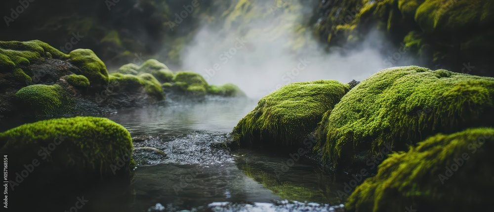 A serene landscape featuring a moss-covered stream with mist, highlighting the beauty of nature and tranquility.