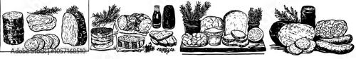 Steak with butchery products, pork ham bacon lamb ribs and beefsteak. Modern illustration hand drawn raw cutting grill menu.