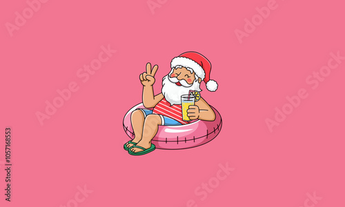 Santa Claus relaxing on a pool float with a drink, peace sign.