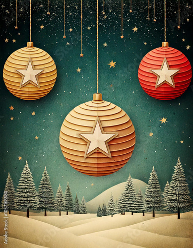 Christmas Baubles hanging in the sky over a winter wonderland snow landscape with trees and stars in the background. Useful for Christmas cards, prints, invites and illustrations